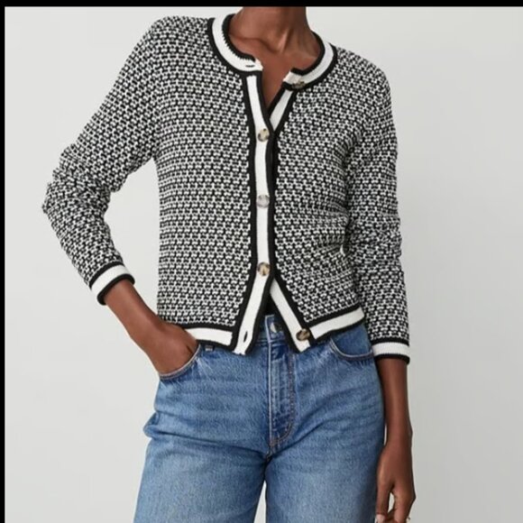ANN TAYLOR GEO STITCH BLACK WHITE JACKET CARDIGAN SWEATER BUTTON $129 NWOT S - Picture 1 of 8